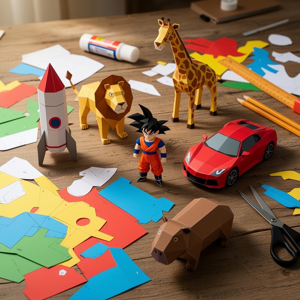 Esculturas papercraft 3D en mesa de trabajo